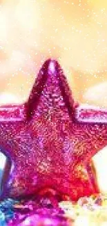 Pink star with vibrant glitter background.