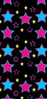 Vibrant star pattern wallpaper with colorful stars on black background.