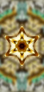 Kaleidoscopic star pattern with golden hues and abstract design.