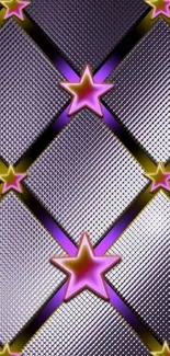 Vibrant wallpaper with pink and purple stars on a geometric pattern background.