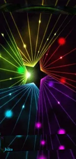 Colorful abstract starburst design on a black background with vibrant beams.