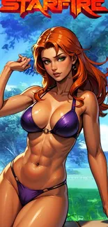 Starfire in vibrant beachwear against a serene blue backdrop.