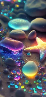 Vibrant starfish and glowing pebbles on a colorful beach background.