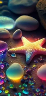 Vibrant starfish and glowing pebbles on a sandy beach wallpaper.