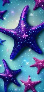 Bright starfish wallpaper with blue and purple hues on a mobile screen.