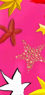 Colorful starfish pattern on bright pink background artwork.