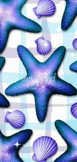 Vibrant starfish and seashell wallpaper with blue accents.