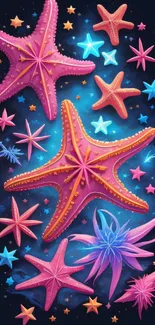 Vibrant starfish and colorful marine elements on a navy blue background.