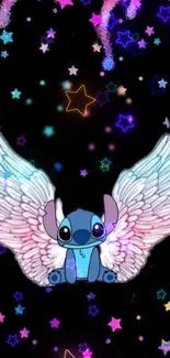 Cute winged creature with stars on black background wallpaper.