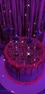 Vibrant purple cake with star decorations and sparkles.