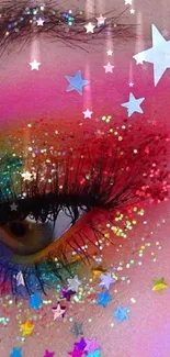 Colorful eye makeup with glitter and stars, creating a vibrant visual effect.