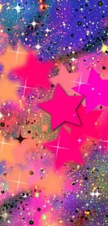 Colorful galaxy wallpaper with pink stars.