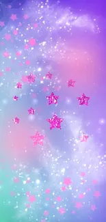 Vibrant wallpaper with pink stars and purple teal gradient.