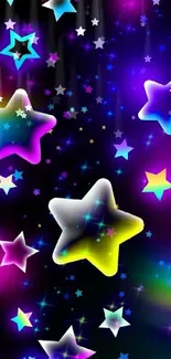 Vibrant galaxy wallpaper with neon stars on a dark backdrop.