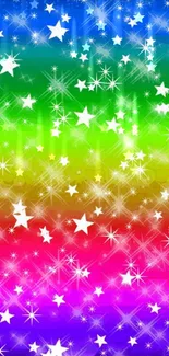 Vibrant rainbow gradient wallpaper with sparkling stars design.