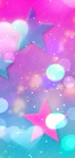 Vibrant starry gradient wallpaper in pink, blue, and teal colors.