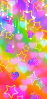 Vibrant wallpaper with neon hearts and stars on a colorful gradient background.