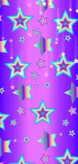 Vibrant holographic star wallpaper with purple background.