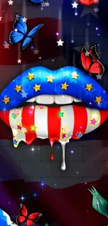 Vibrant patriotic lips with butterflies and roses