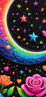 Vibrant artwork with stars, crescent moon, and roses.