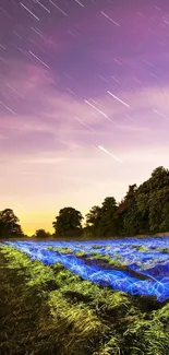 A vibrant starry night landscape with blue trails and scenic gradient sky.