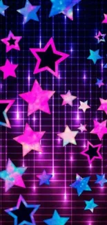 Neon stars on a vibrant digital grid background wallpaper.