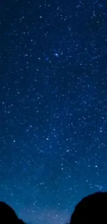 Blue starry night sky with twinkling stars and dark silhouette.