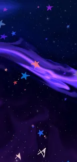 Vibrant night sky wallpaper with purple waves and colorful stars.