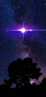 Vibrant purple star shining in a starry night sky with silhouette.