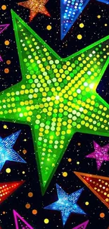 Vibrant dotted star wallpaper with colorful stars on black background.