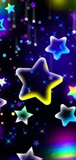 Colorful neon stars wallpaper with black background.