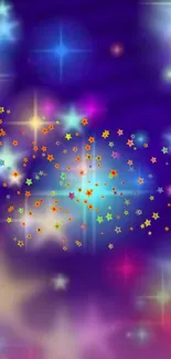 Vibrant wallpaper with colorful stars on blue background.