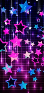 Mobile wallpaper with neon pink and blue stars on a dark grid background.