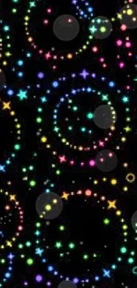 Colorful circles and stars on a black background wallpaper.