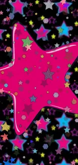 Vibrant pink star on a colorful starry background wallpaper.