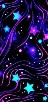 Neon starry night wallpaper with purple and blue stars on black background.