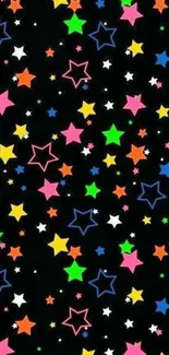 Colorful starry night wallpaper with multicolor stars on black background.