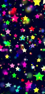 Colorful stars illuminate a dark phone wallpaper.