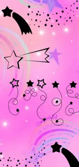 Pink starry wallpaper with black stars and comets on a vibrant background.