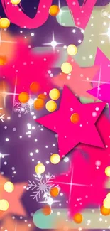 Vibrant pink wallpaper with stars and sparkles.