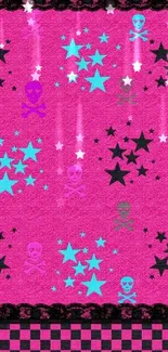 Vibrant pink wallpaper with stars and skulls design.