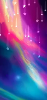 Vibrant mobile wallpaper of a starry sky with colorful cosmic streaks.