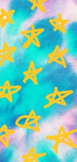 Vibrant tie-dye wallpaper with yellow stars on turquoise background.