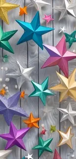 Colorful 3D stars on a wooden background.