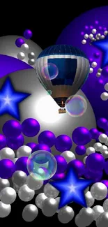 3D hot air balloon among purple and white spheres with glowing stars.