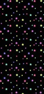 Vibrant star-patterned wallpaper with neon colors on black.