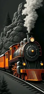 Vintage steam train in a dark forest scene.