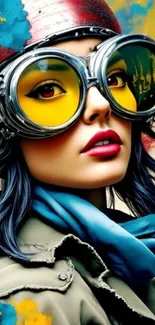 Steampunk-inspired art with goggles and vibrant colors.