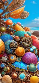 Vibrant steampunk beach scene with colorful seashells and ocean.