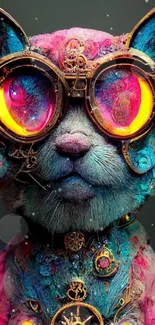 Steampunk cat with neon details in vibrant colors, perfect for mobile wallpaper.